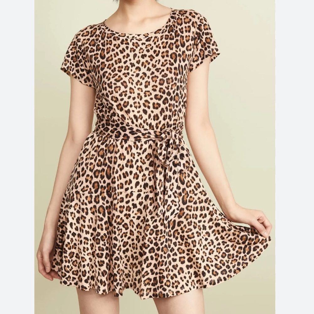Rebecca Taylor (M) Linen Leopard Print Belted Tie Front Short Sleeve Mini Dress